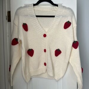Strawberry Embroidered White Cardigan Sweater